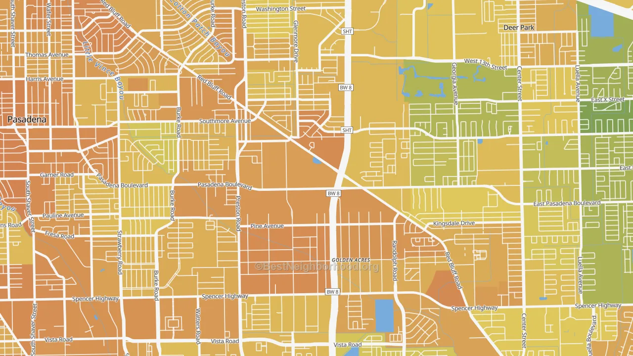 Map of the best neighborhoods in the Houston Suburban Homes, Pasadena area, with better matches in green and worse matches in red