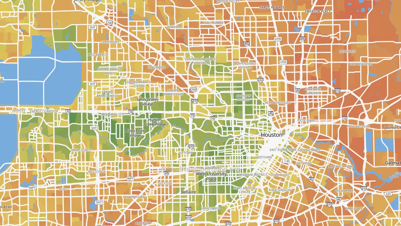 Map of the best neighborhoods in the Houston Metro area, with better matches in green and worse matches in red