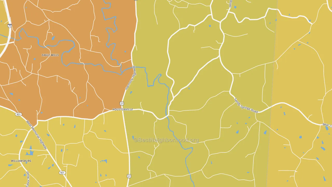 Map of the best neighborhoods in the Houstonville area, with better matches in green and worse matches in red