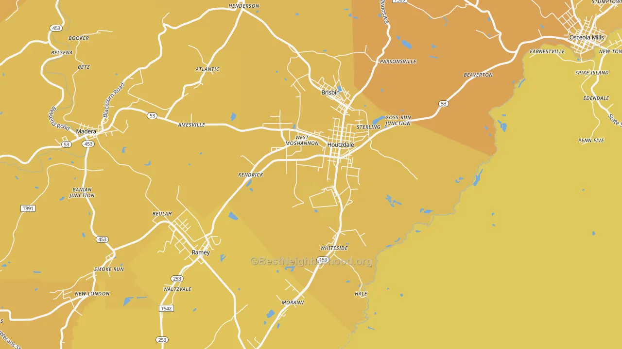 Map of the best neighborhoods in the Houtzdale area, with better matches in green and worse matches in red