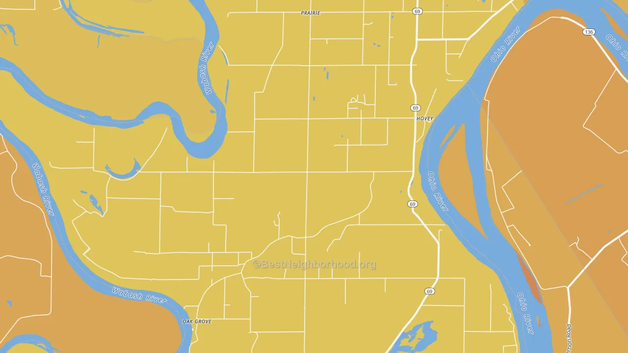 Map of the best neighborhoods in the Hovey area, with better matches in green and worse matches in red