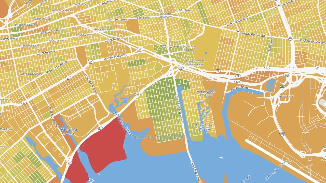 Map of the best neighborhoods in the Howard Beach, Queens area, with better matches in green and worse matches in red