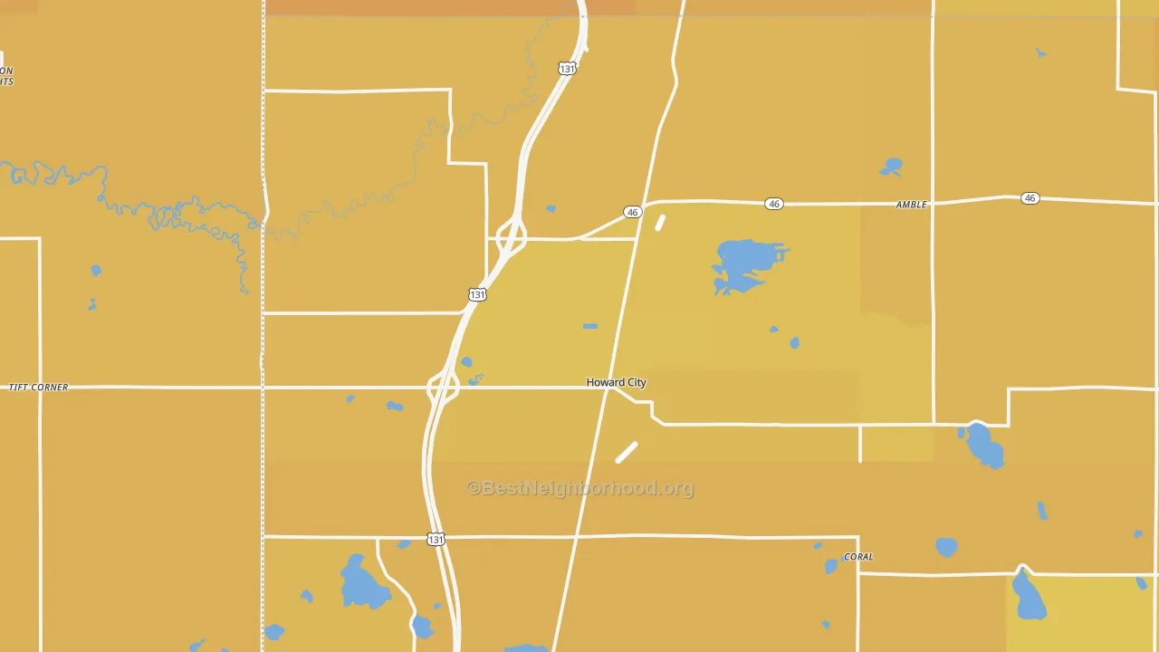 Map of the best neighborhoods in the Howard City area, with better matches in green and worse matches in red