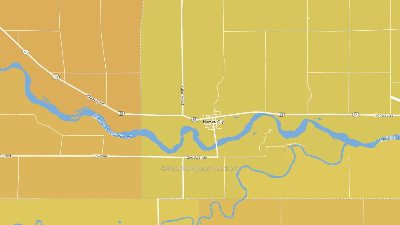 Map of the best neighborhoods in the Howard City area, with better matches in green and worse matches in red