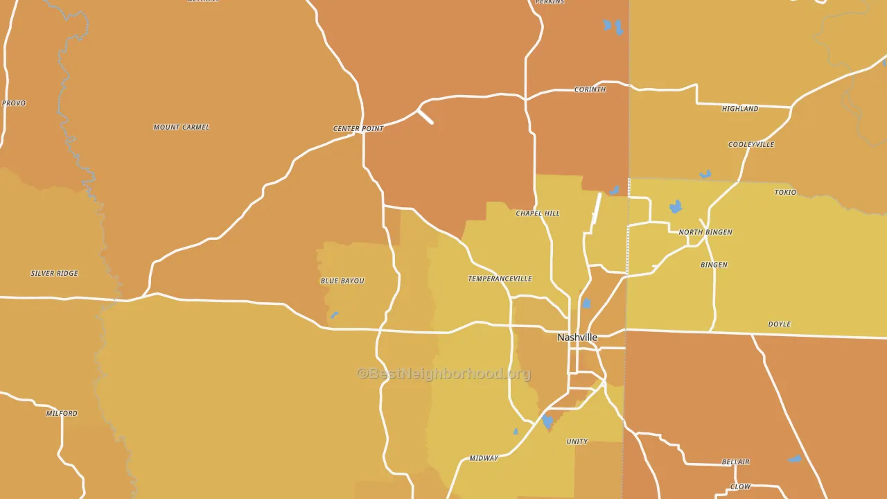 Map of the best neighborhoods in the Howard County area, with better matches in green and worse matches in red