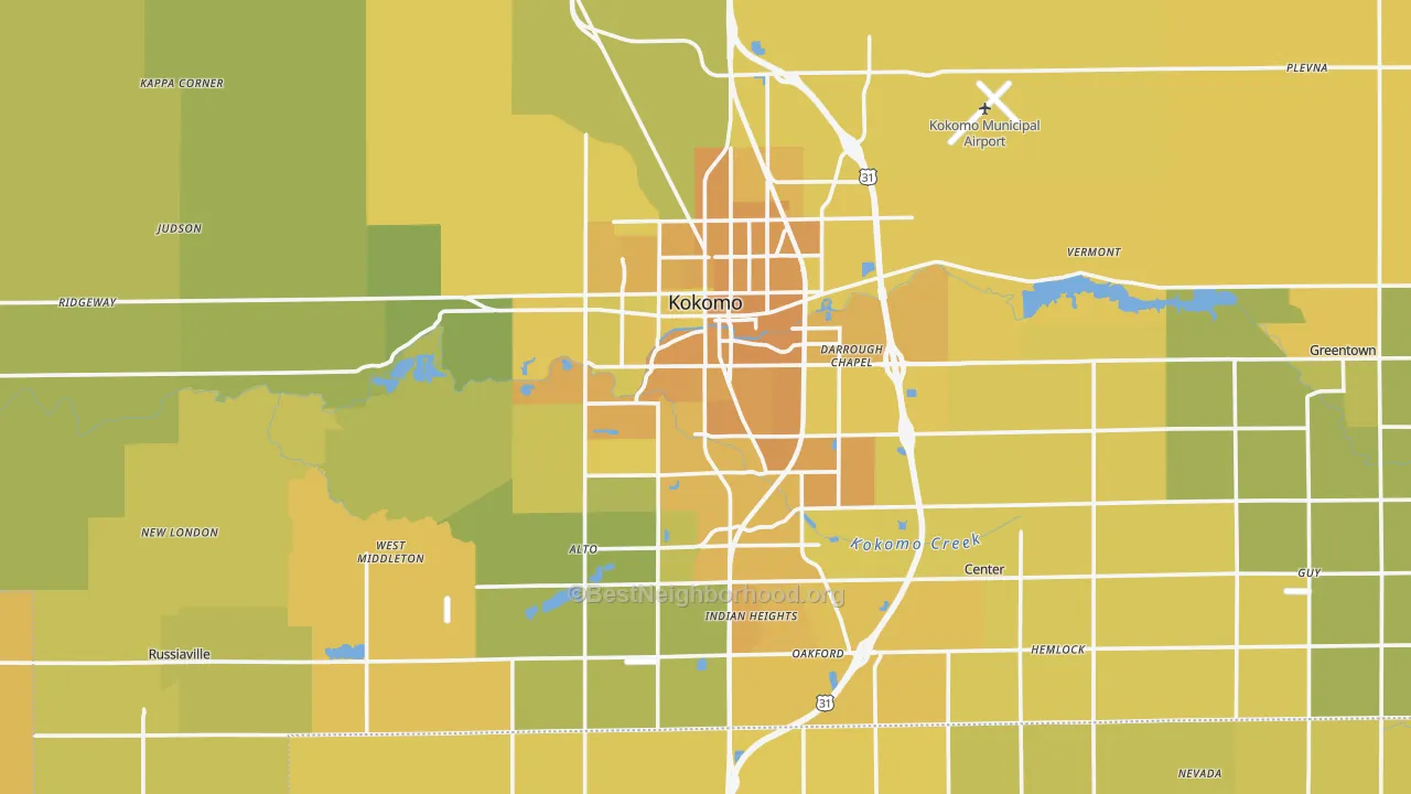 Map of the best neighborhoods in the Howard County area, with better matches in green and worse matches in red