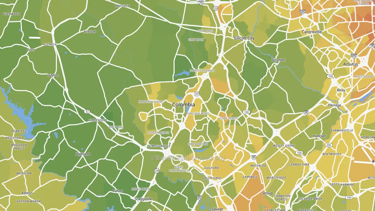 Map of the best neighborhoods in the Howard County area, with better matches in green and worse matches in red