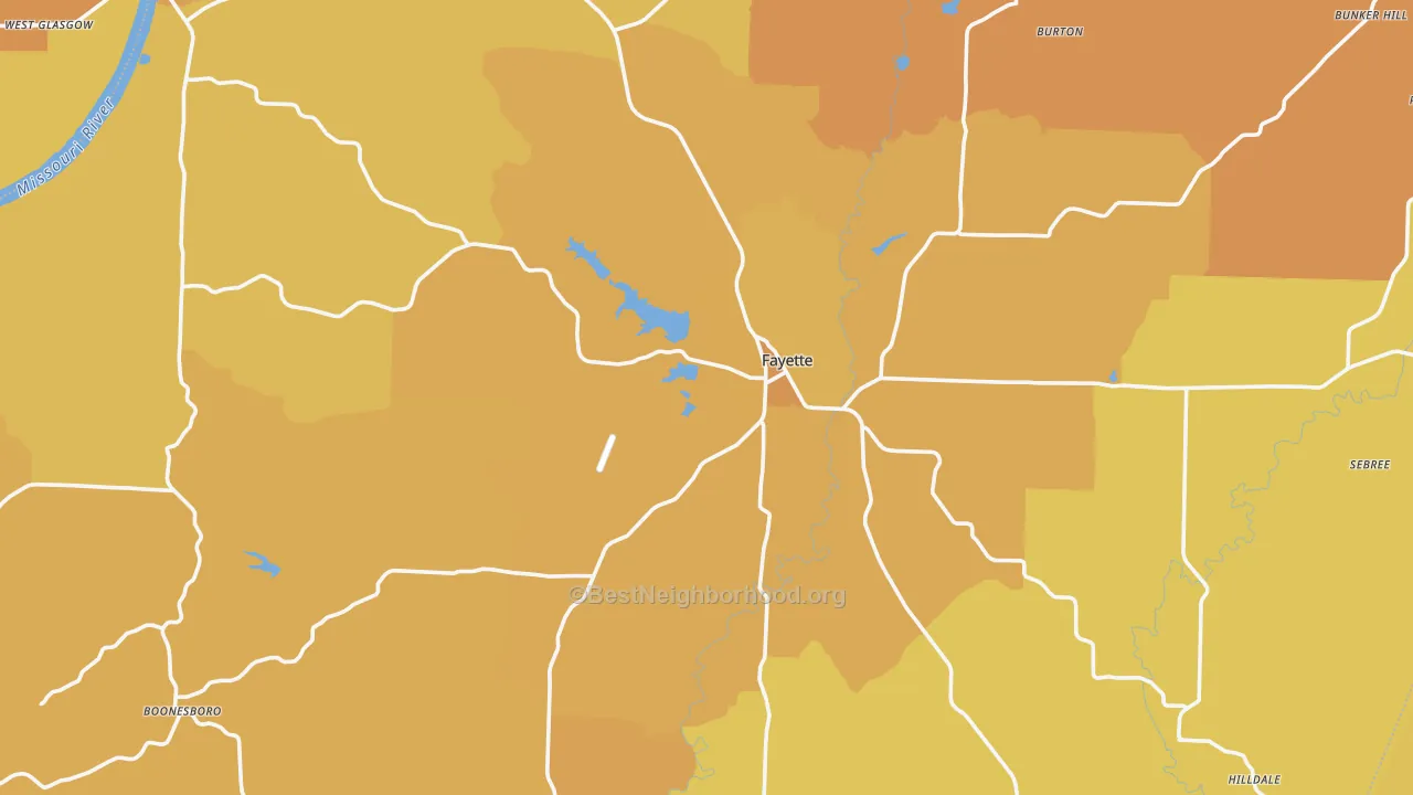 Map of the best neighborhoods in the Howard County area, with better matches in green and worse matches in red
