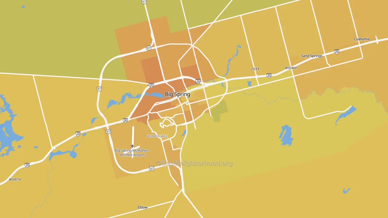 Map of the best neighborhoods in the Howard County area, with better matches in green and worse matches in red