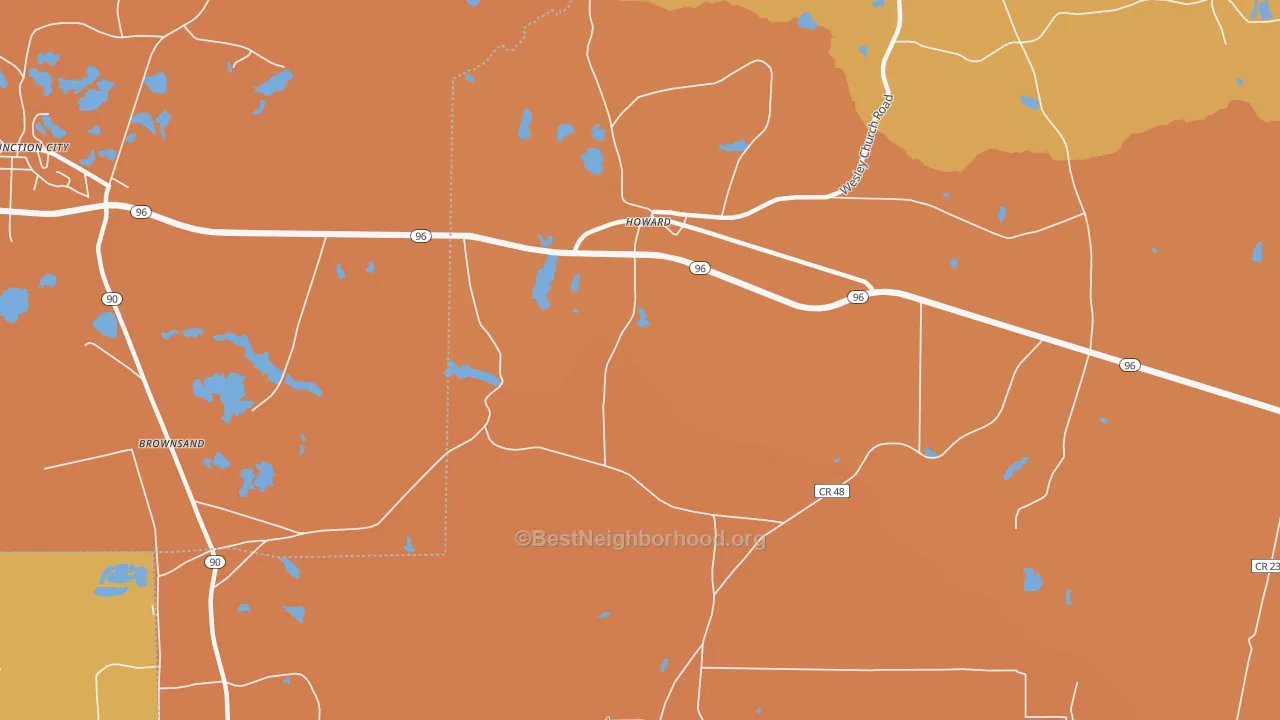 Map of the best neighborhoods in the Howard area, with better matches in green and worse matches in red