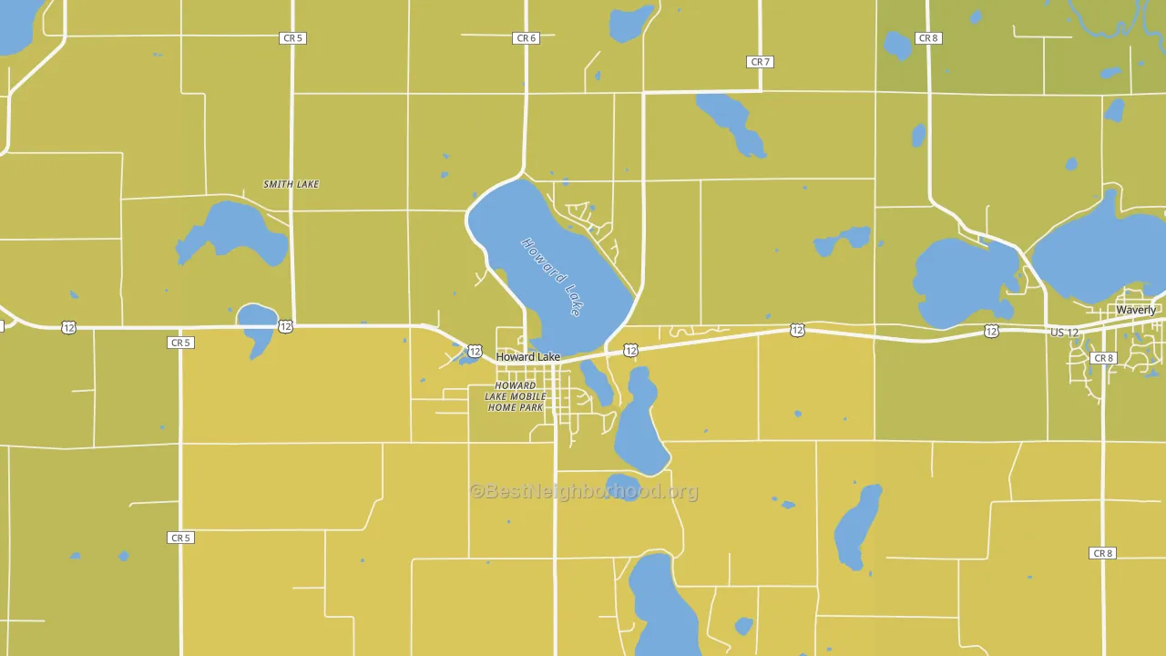 Map of the best neighborhoods in the Howard Lake area, with better matches in green and worse matches in red