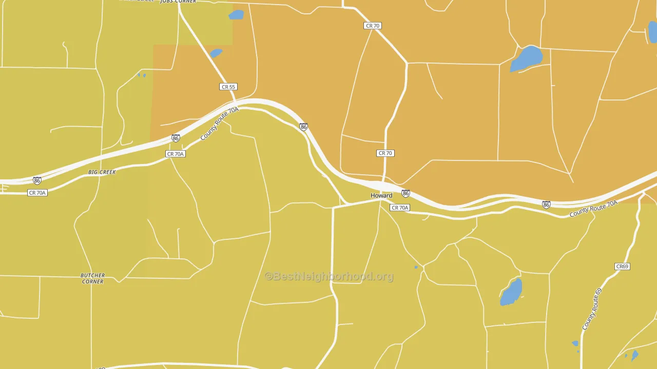 Map of the best neighborhoods in the Howard area, with better matches in green and worse matches in red