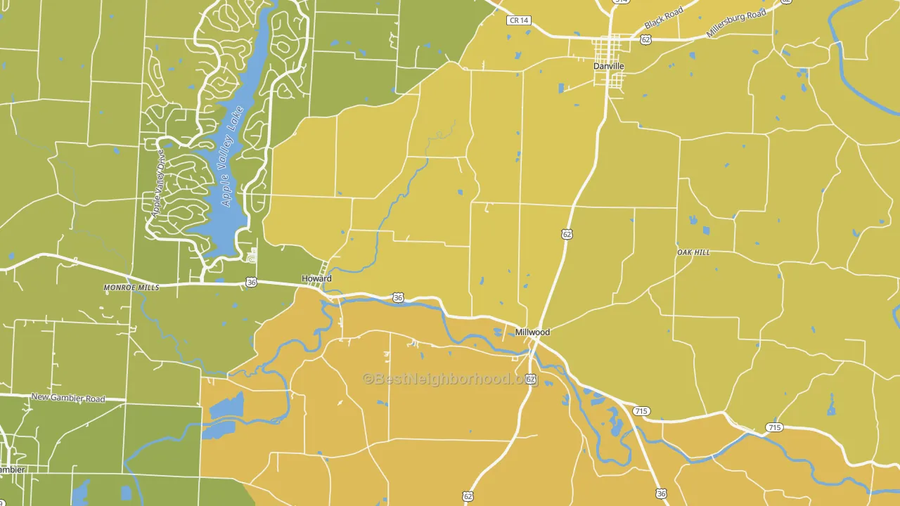Map of the best neighborhoods in the Howard area, with better matches in green and worse matches in red