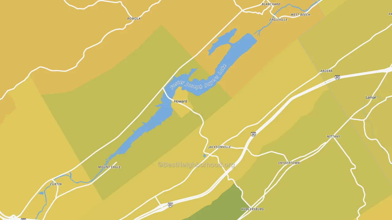 Map of the best neighborhoods in the Howard area, with better matches in green and worse matches in red