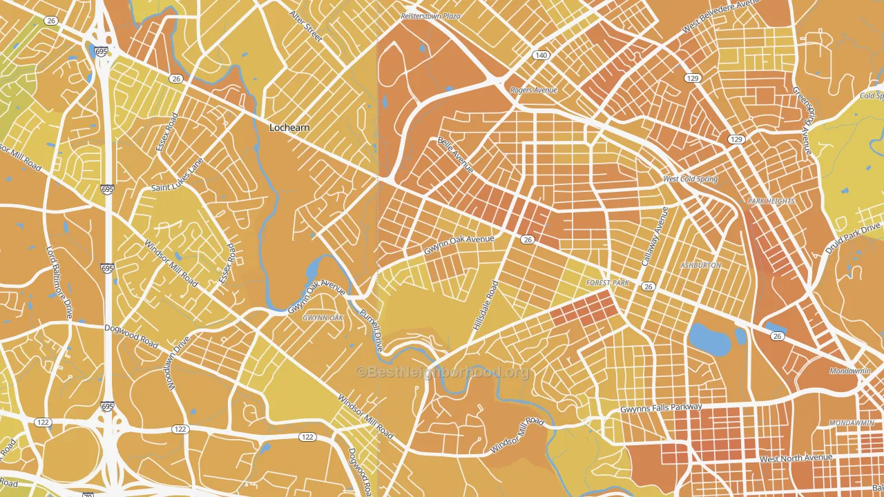 Map of the best neighborhoods in the Howard Park, Gwynn Oak area, with better matches in green and worse matches in red