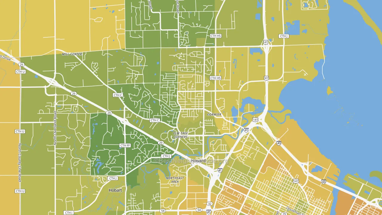 Map of the best neighborhoods in the Howard area, with better matches in green and worse matches in red