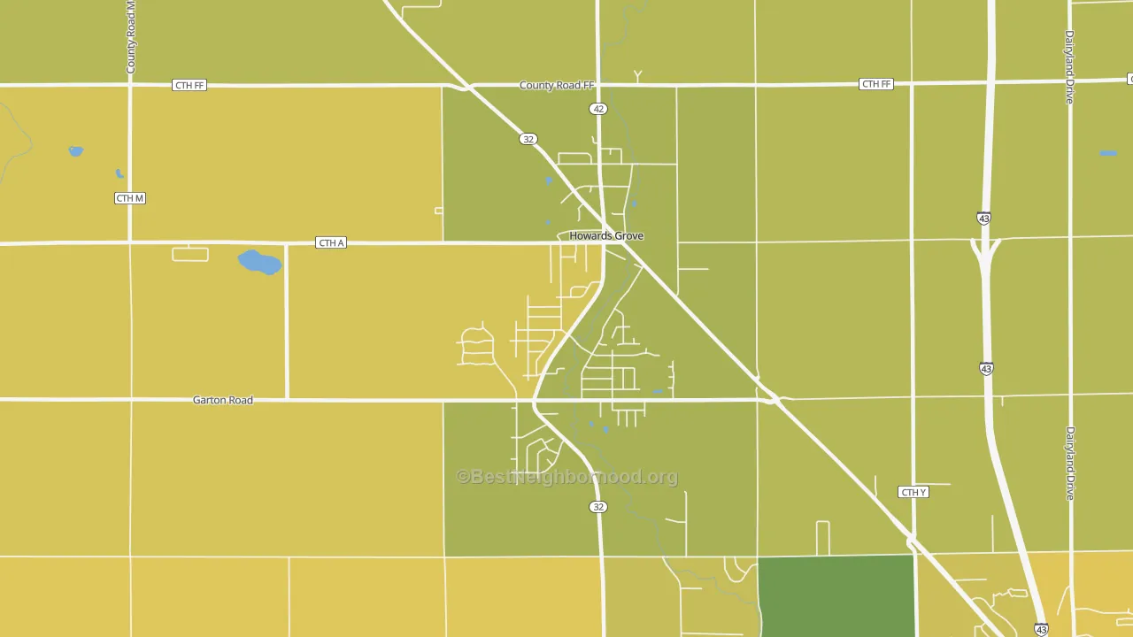 Map of the best neighborhoods in the Howards Grove area, with better matches in green and worse matches in red