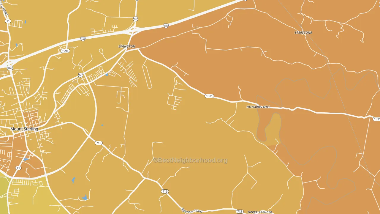 Map of the best neighborhoods in the Howards Mill area, with better matches in green and worse matches in red