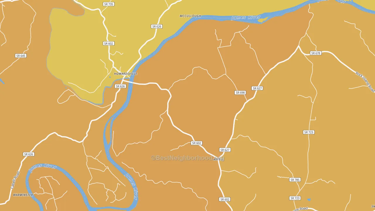 Map of the best neighborhoods in the Howardsville area, with better matches in green and worse matches in red
