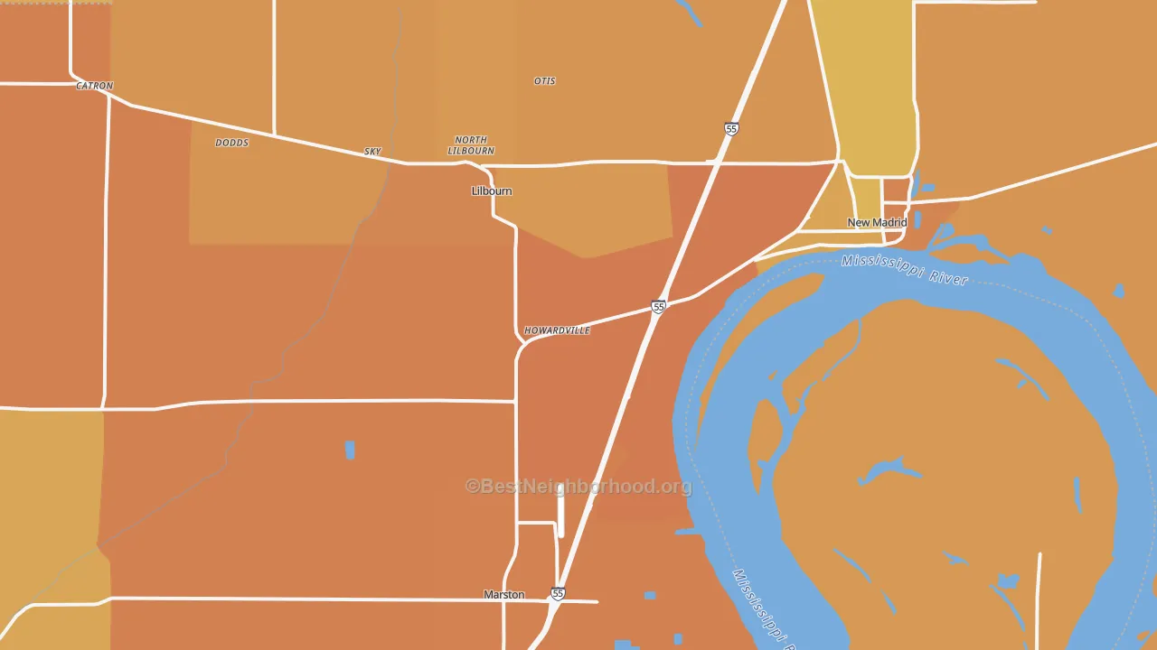 Map of the best neighborhoods in the Howardville area, with better matches in green and worse matches in red