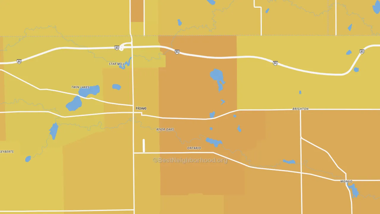 Map of the best neighborhoods in the Howe area, with better matches in green and worse matches in red