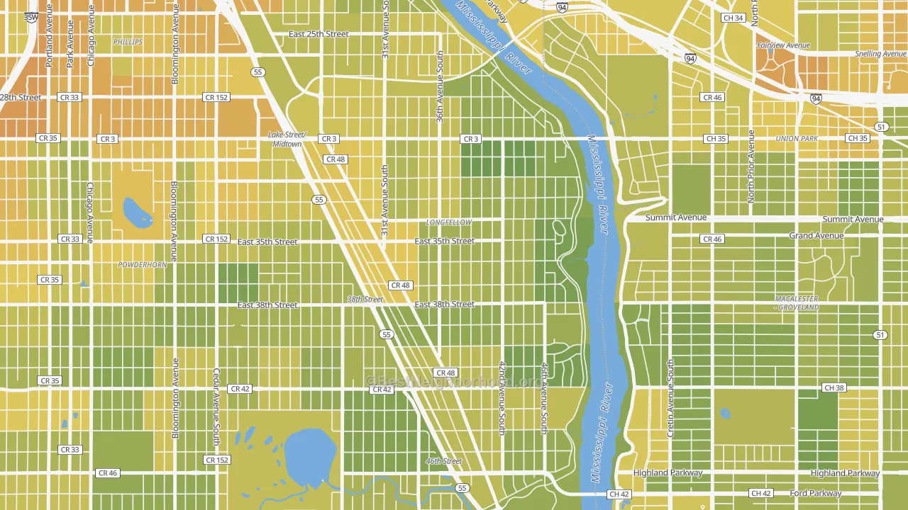 Map of the best neighborhoods in the Howe, Minneapolis area, with better matches in green and worse matches in red