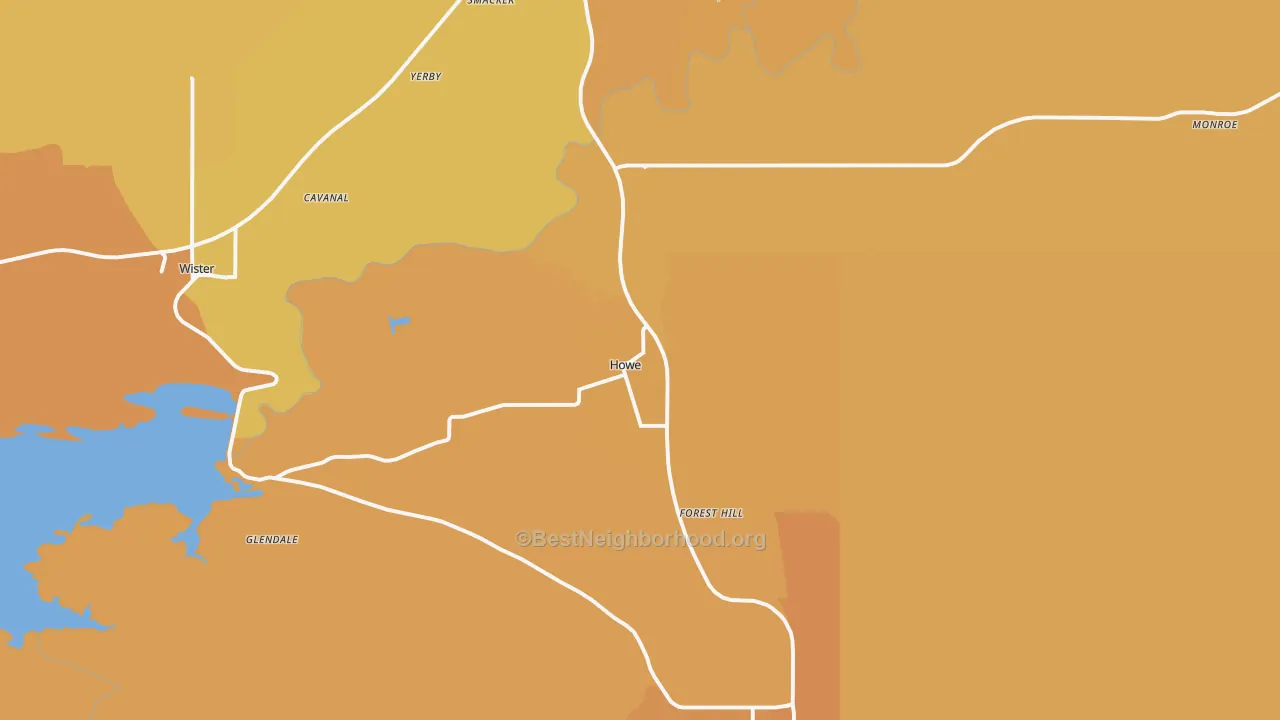 Map of the best neighborhoods in the Howe area, with better matches in green and worse matches in red