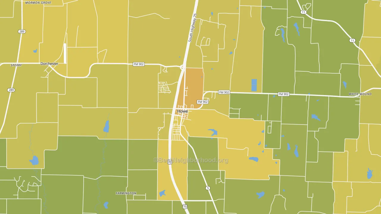 Map of the best neighborhoods in the Howe area, with better matches in green and worse matches in red