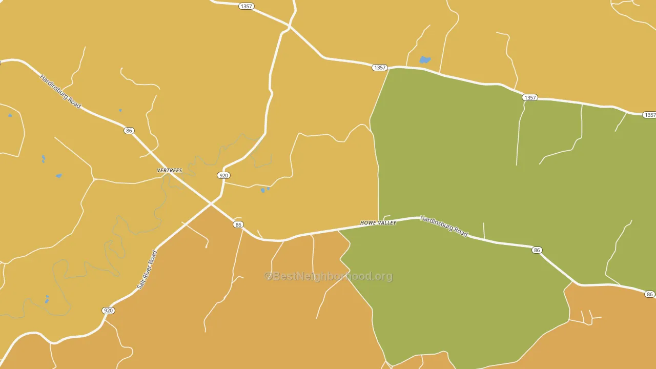 Map of the best neighborhoods in the Howe Valley area, with better matches in green and worse matches in red