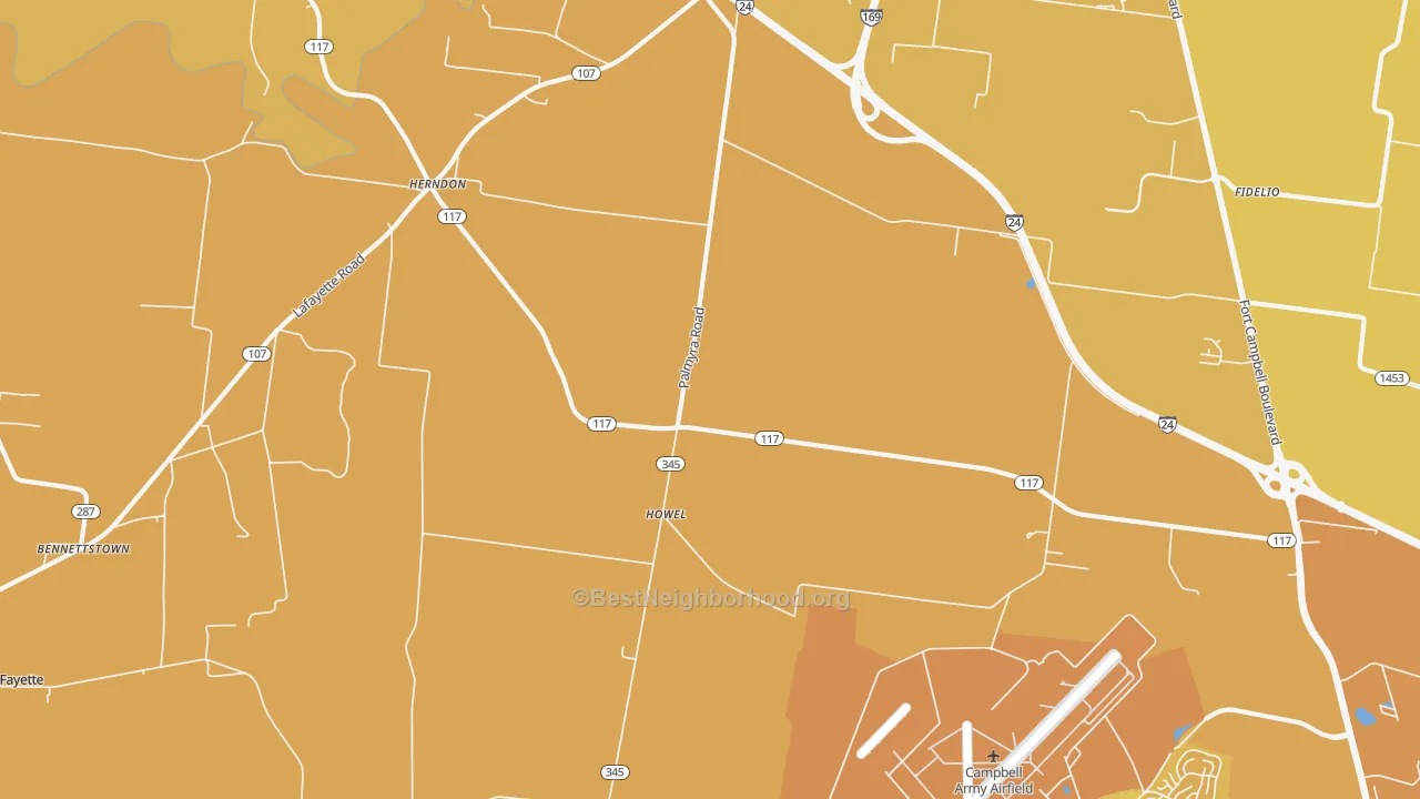 Map of the best neighborhoods in the Howel area, with better matches in green and worse matches in red