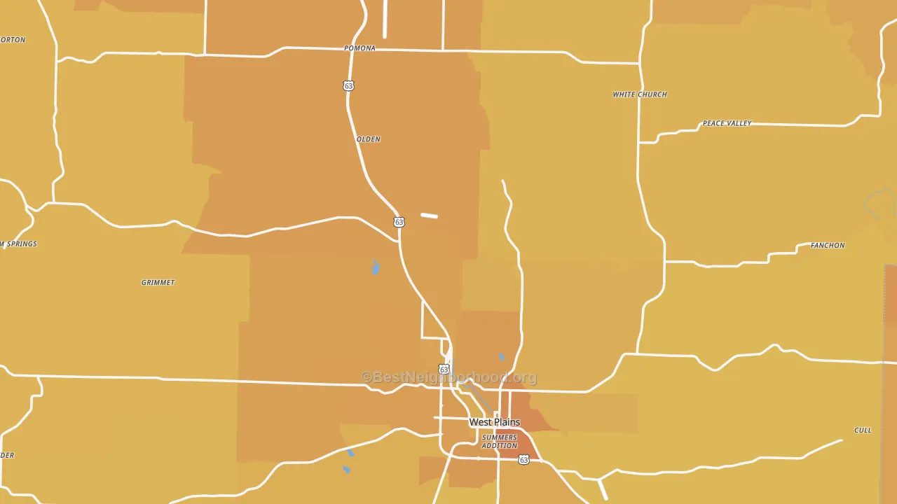Map of the best neighborhoods in the Howell County area, with better matches in green and worse matches in red