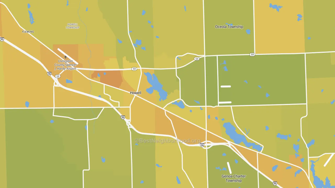 Map of the best neighborhoods in the Howell area, with better matches in green and worse matches in red