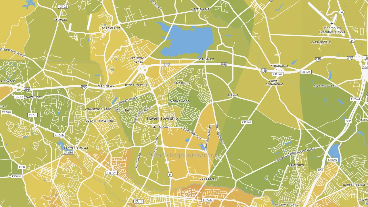 Map of the best neighborhoods in the Howell area, with better matches in green and worse matches in red