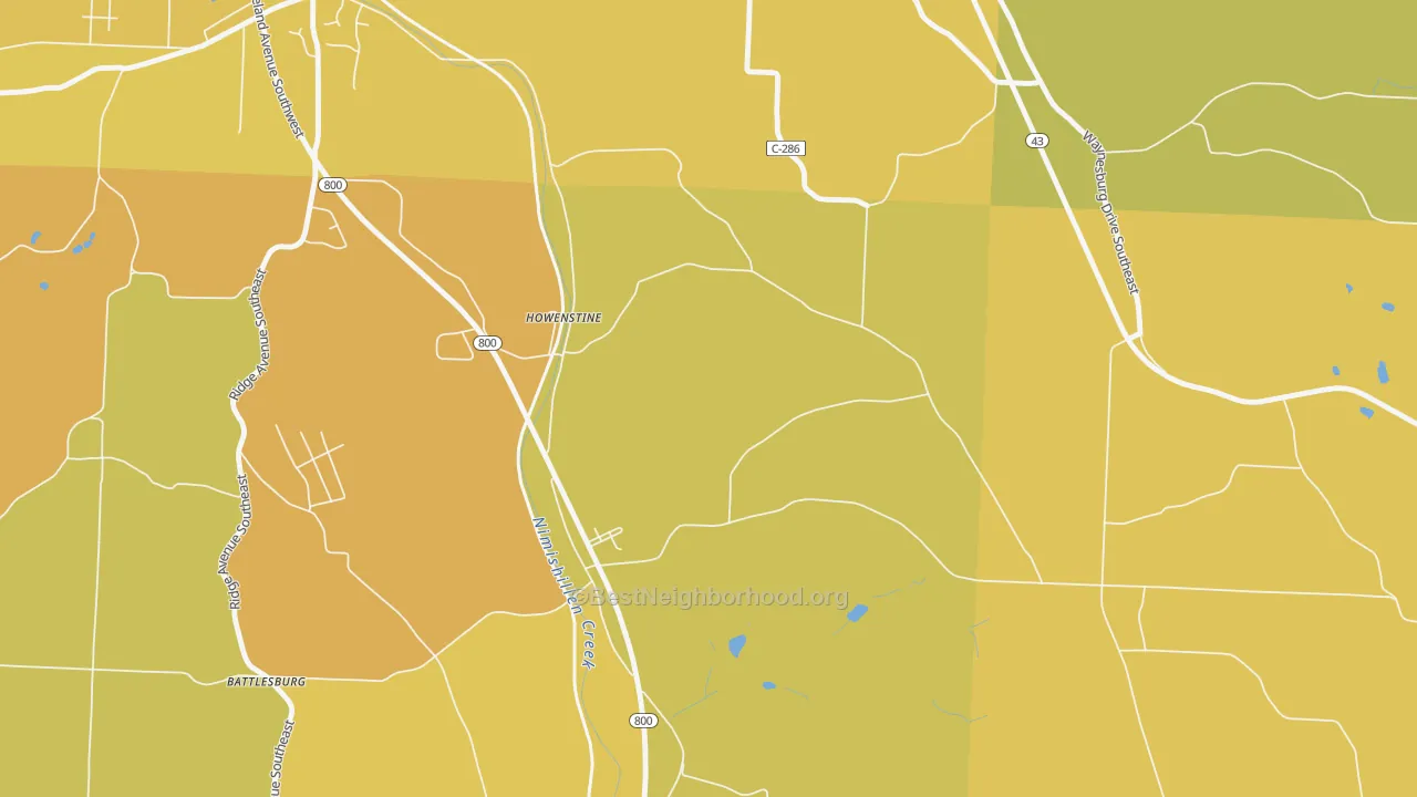 Map of the best neighborhoods in the Howenstine area, with better matches in green and worse matches in red