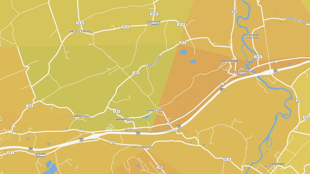 Map of the best neighborhoods in the Howes Cave area, with better matches in green and worse matches in red