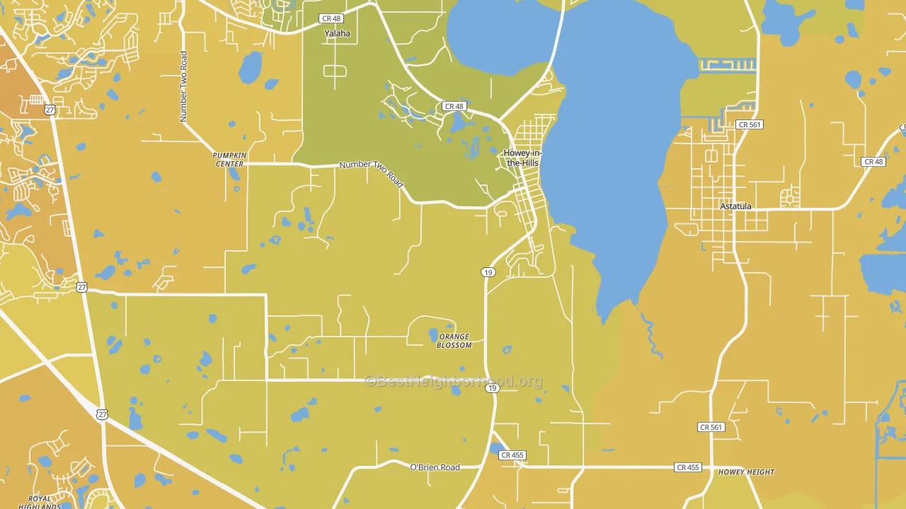 Map of the best neighborhoods in the Howey-in-the-Hills area, with better matches in green and worse matches in red