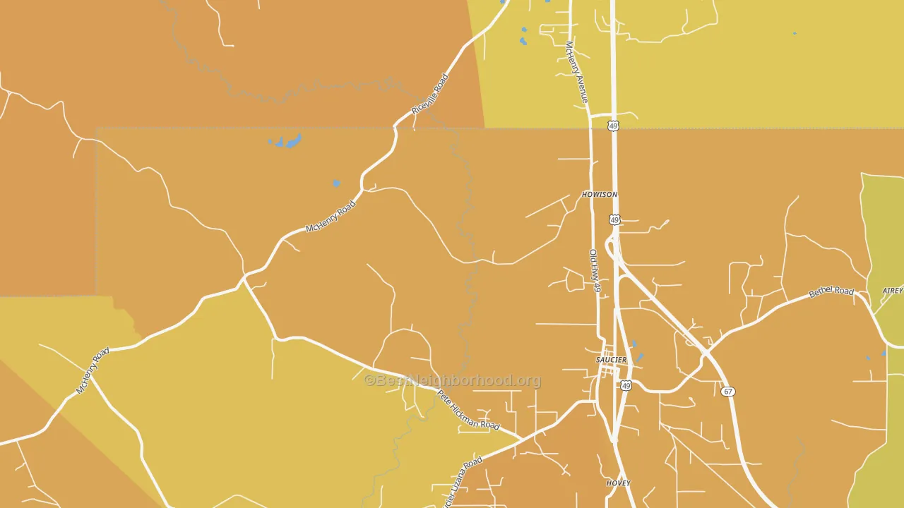 Map of the best neighborhoods in the Howison area, with better matches in green and worse matches in red