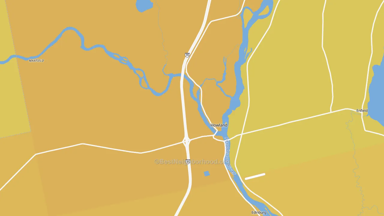 Map of the best neighborhoods in the Howland area, with better matches in green and worse matches in red