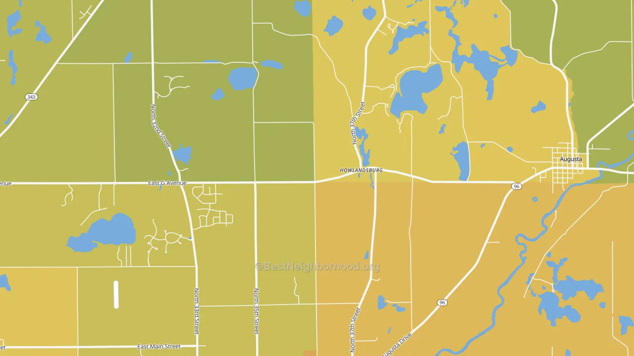 Map of the best neighborhoods in the Howlandsburg area, with better matches in green and worse matches in red