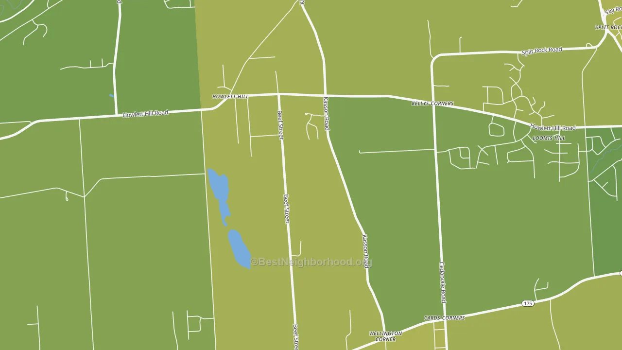 Map of the best neighborhoods in the Howlett Hill area, with better matches in green and worse matches in red