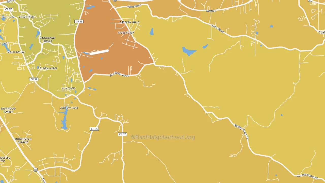 Map of the best neighborhoods in the Howton area, with better matches in green and worse matches in red