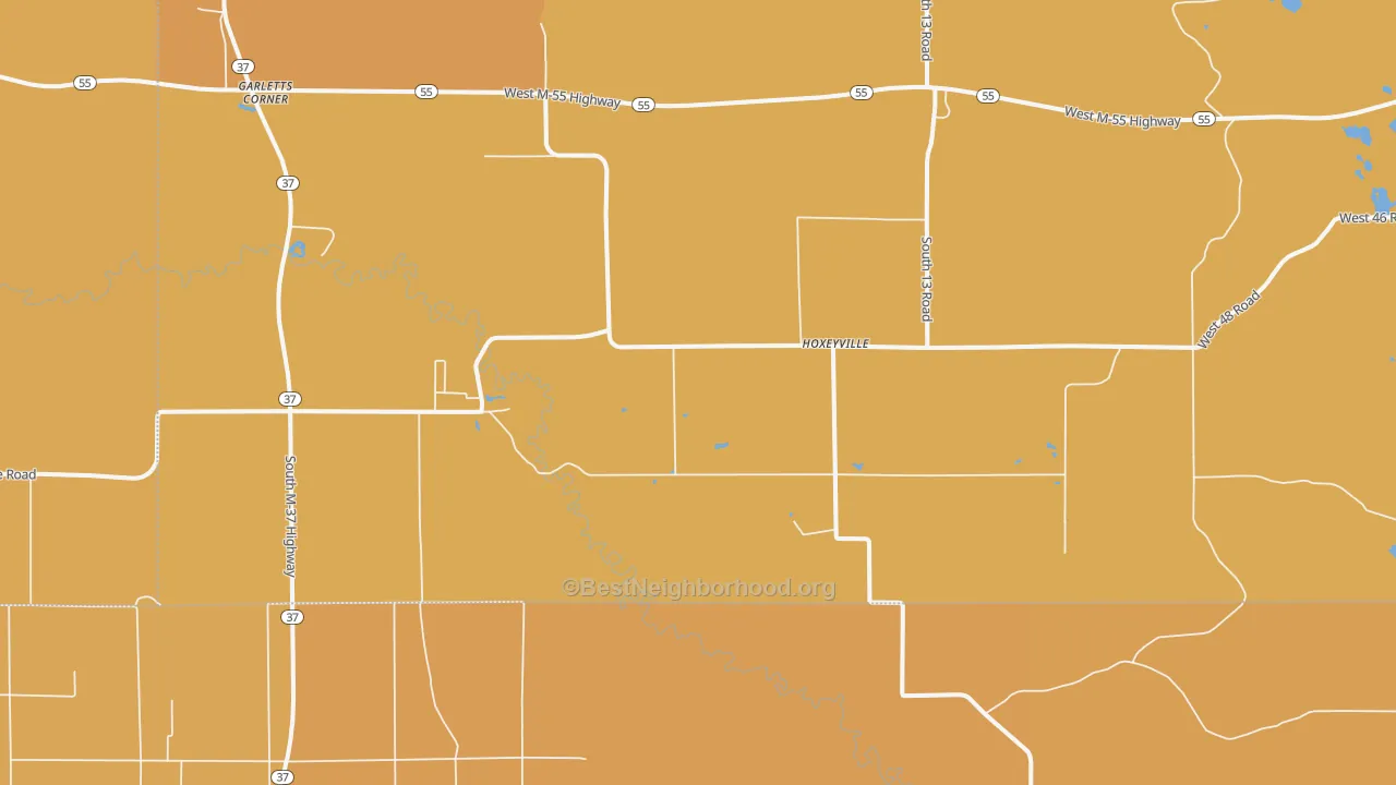 Map of the best neighborhoods in the Hoxeyville area, with better matches in green and worse matches in red