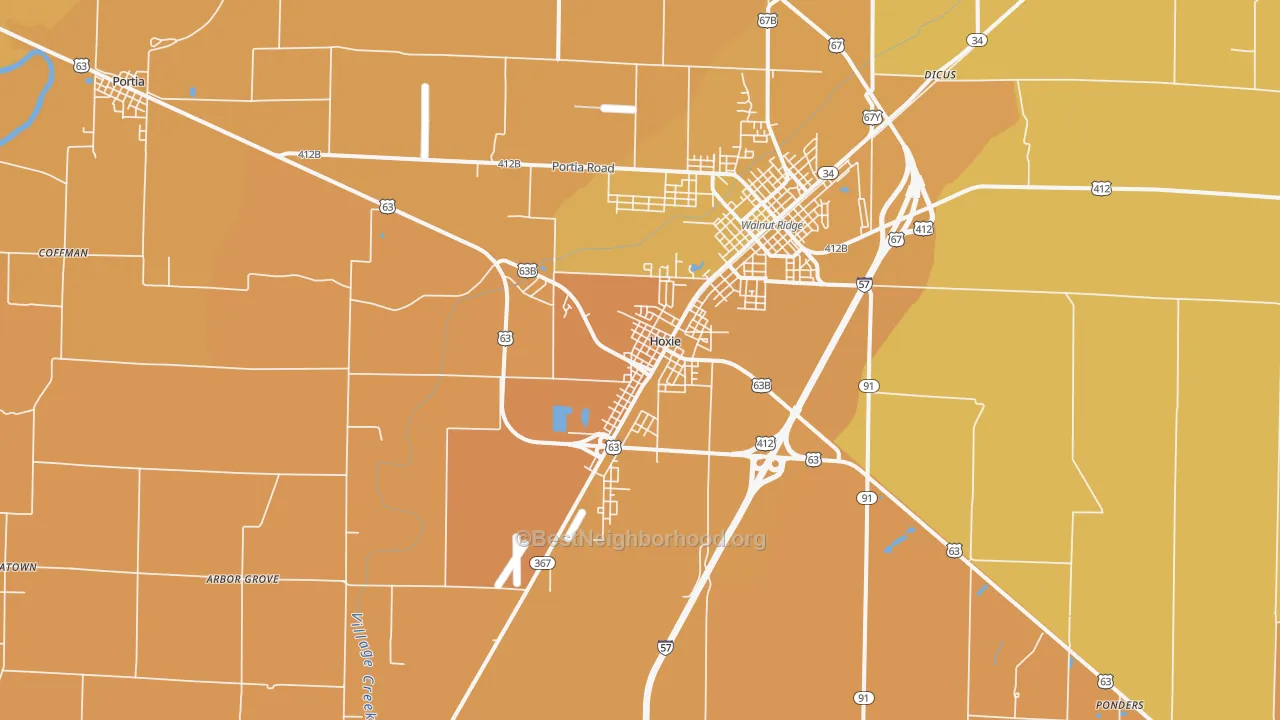 Map of the best neighborhoods in the Hoxie area, with better matches in green and worse matches in red