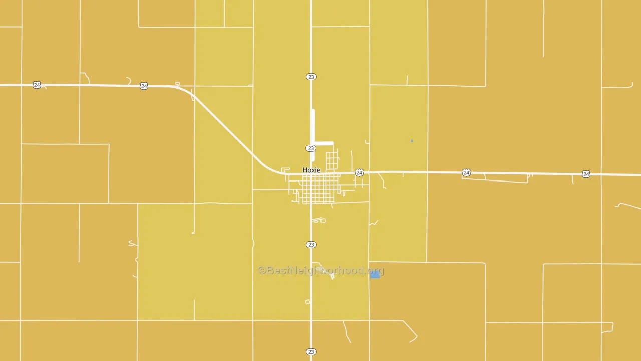 Map of the best neighborhoods in the Hoxie area, with better matches in green and worse matches in red