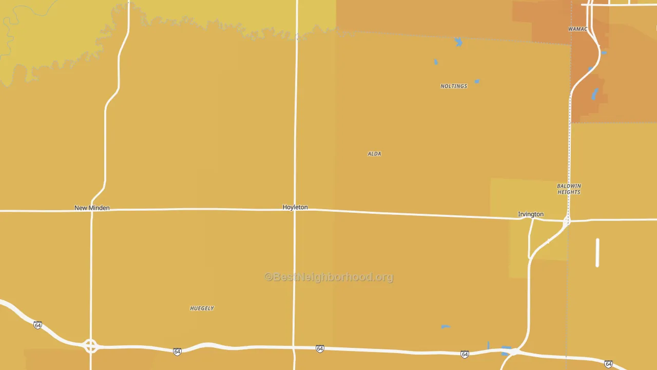 Map of the best neighborhoods in the Hoyleton area, with better matches in green and worse matches in red
