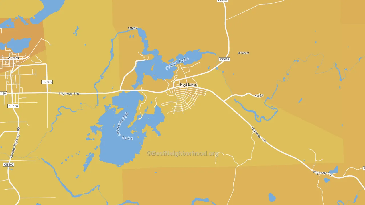 Map of the best neighborhoods in the Hoyt Lakes area, with better matches in green and worse matches in red