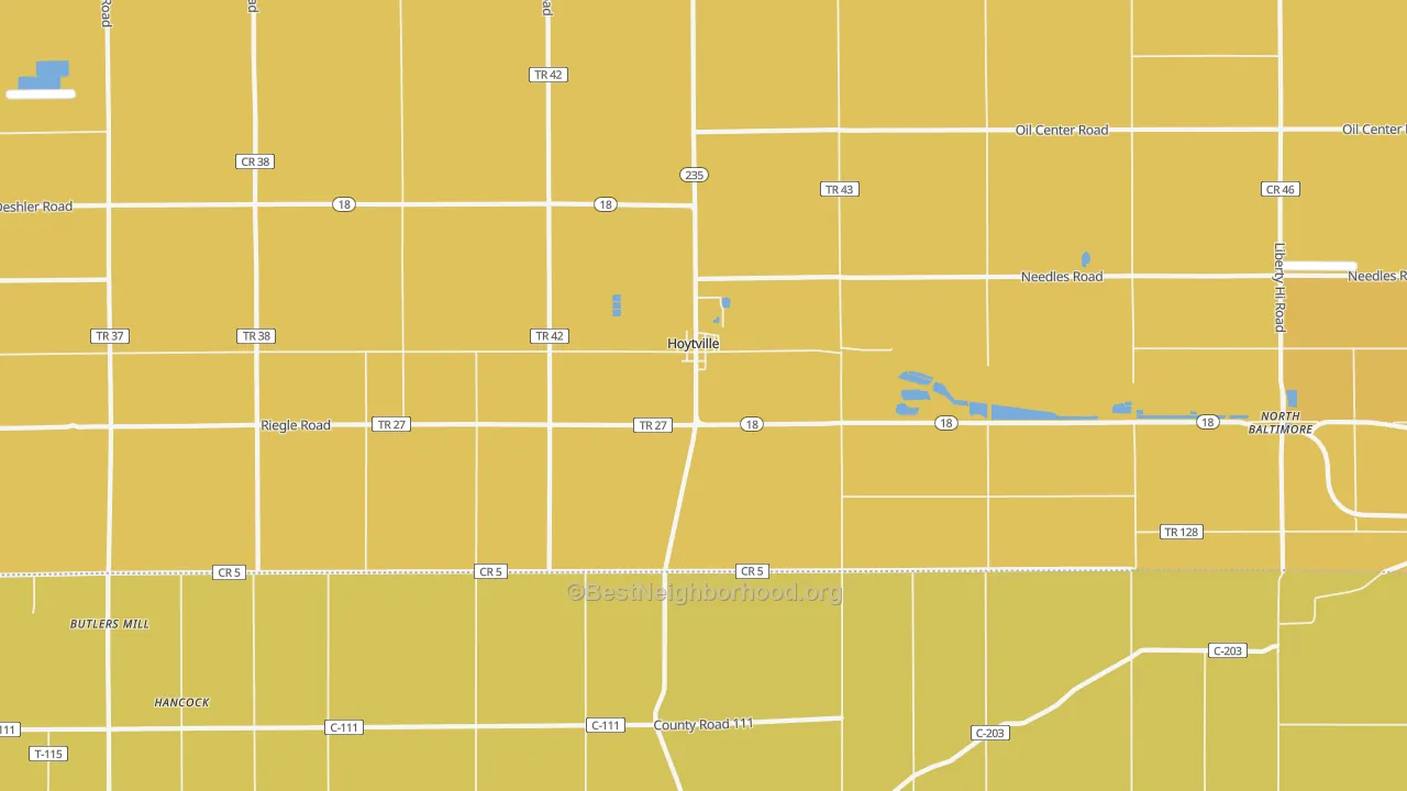 Map of the best neighborhoods in the Hoytville area, with better matches in green and worse matches in red