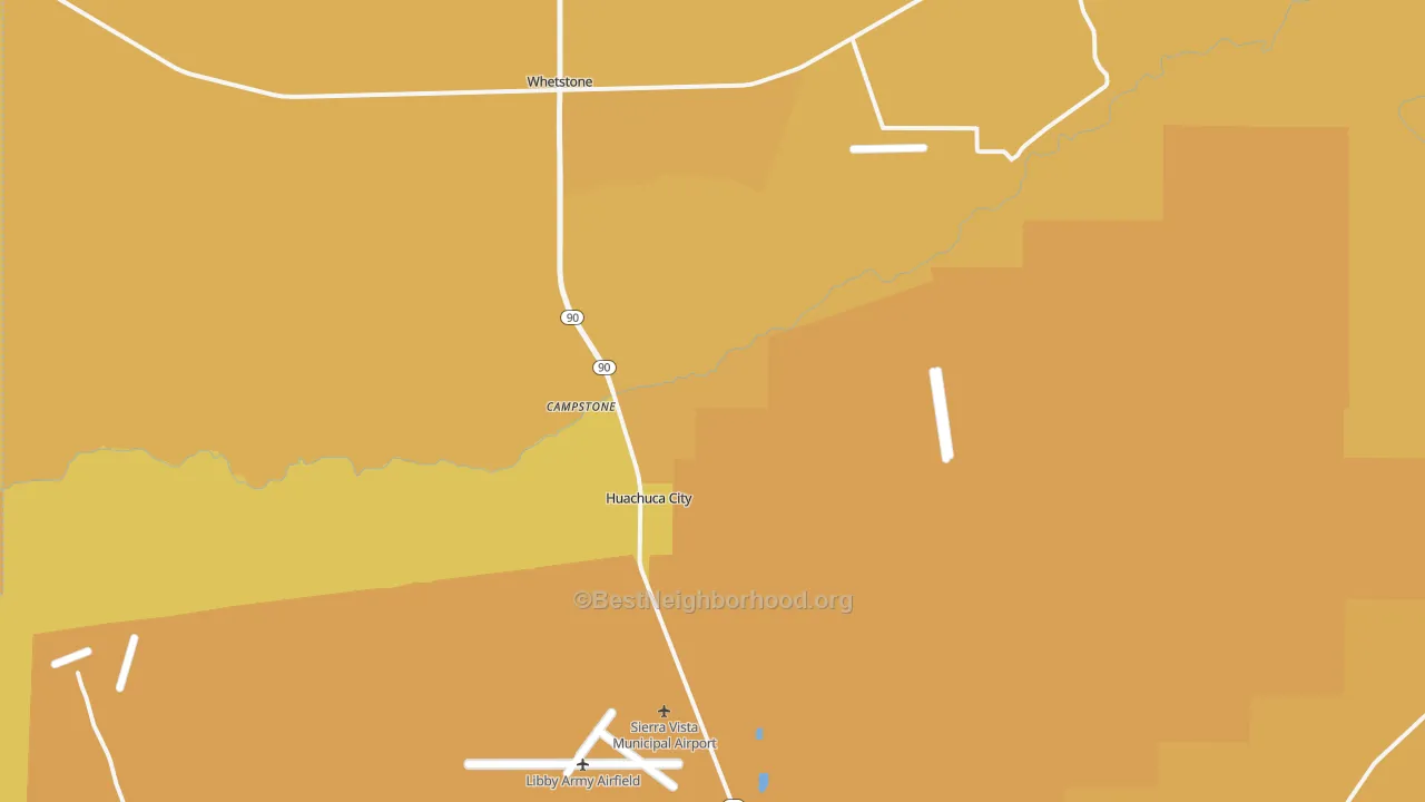 Map of the best neighborhoods in the Huachuca City area, with better matches in green and worse matches in red