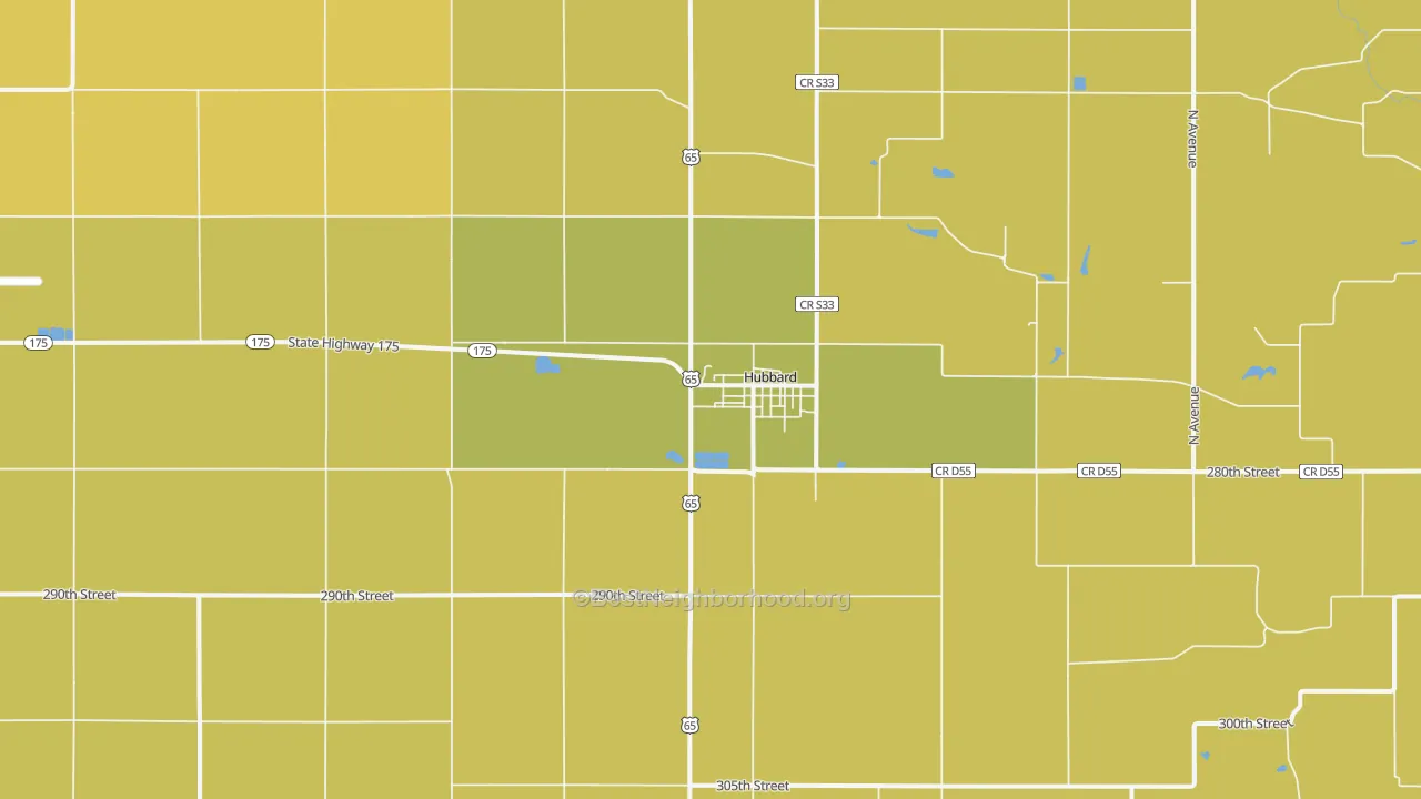 Map of the best neighborhoods in the Hubbard area, with better matches in green and worse matches in red