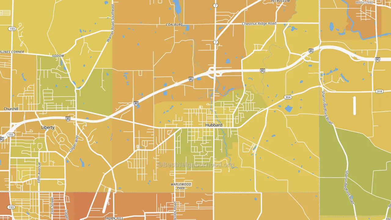 Map of the best neighborhoods in the Hubbard area, with better matches in green and worse matches in red